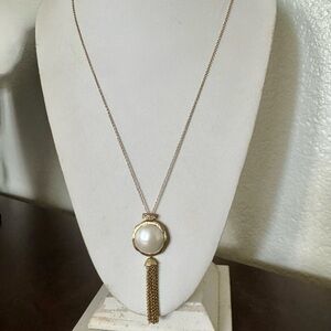 Vintage Gold Tone Long Necklace with Faux Pearl and Chain Tassel